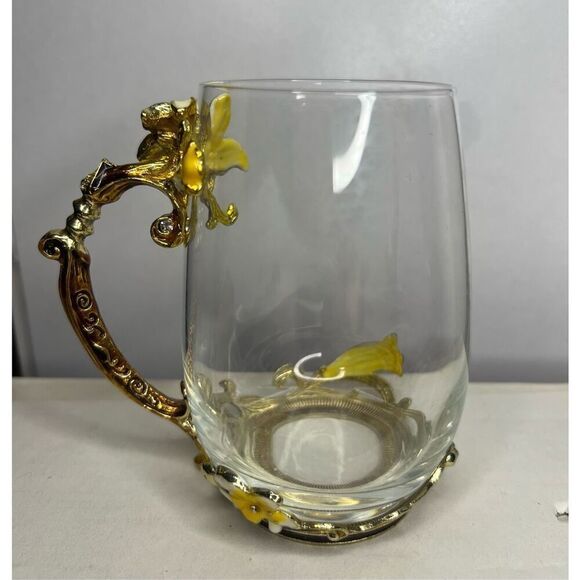 ARC of France Glass Tea Coffee Cup Jeweled Floral Enameled Gold Handle - Picture 4 of 5
